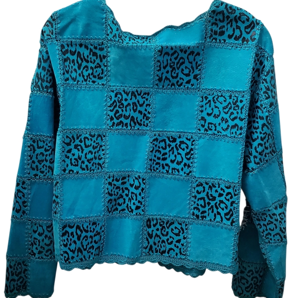 VINTAGE . Women's Turquoise Leopard Patchwork Jacket Sz XL - Picture 4 of 7